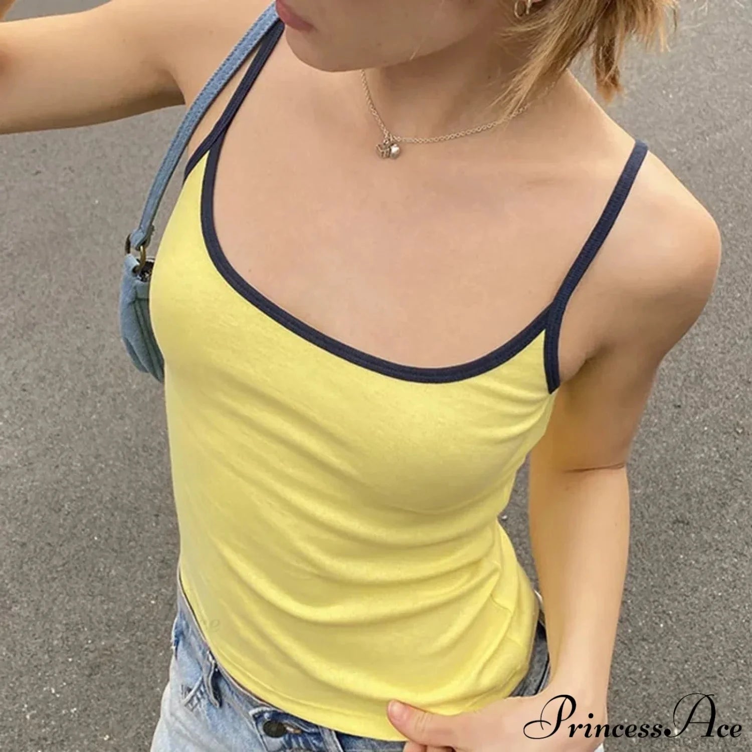 Y2K Cute Contrast Trim Spaghetti Strap Vintage Aesthetic Cottage Crop Top