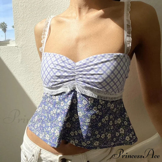 Y2K Lace Trim Checkered Floral Sleeveless Crop Top