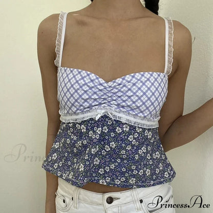 Y2K Lace Trim Checkered Floral Sleeveless Crop Top