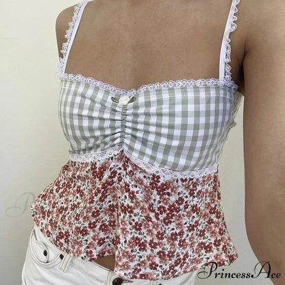 Y2K Lace Trim Checkered Floral Sleeveless Crop Top