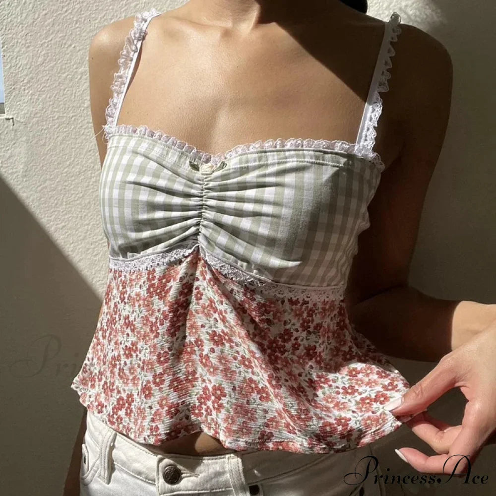 Y2K Lace Trim Checkered Floral Sleeveless Crop Top