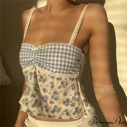 Y2K Lace Trim Checkered Floral Sleeveless Crop Top