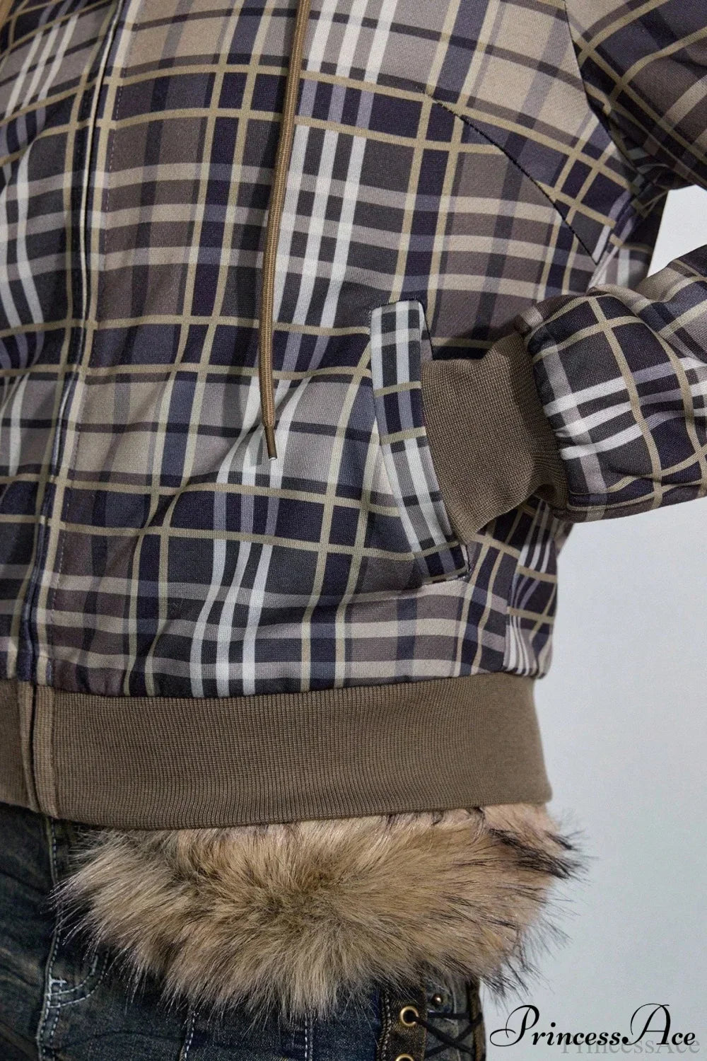 Woman wearing Plaid Sherpa Fleece Pullover Hoodie from Hicosy — view 6
