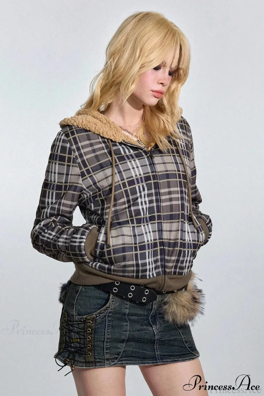 Woman wearing Plaid Sherpa Fleece Pullover Hoodie from Hicosy — view 3