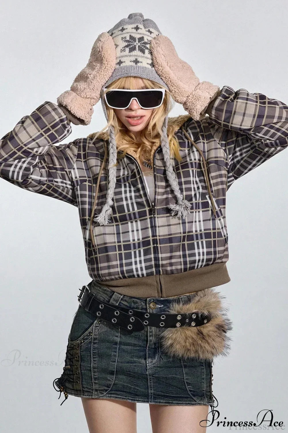 Woman wearing Plaid Sherpa Fleece Pullover Hoodie from Hicosy — view 5