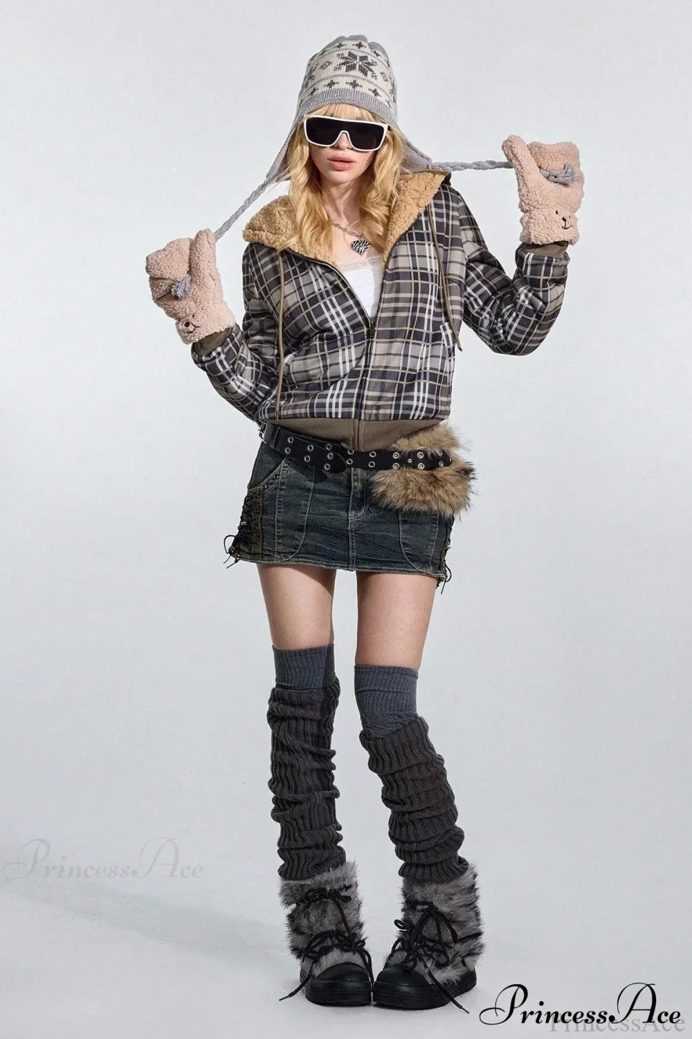 Woman wearing Plaid Sherpa Fleece Pullover Hoodie from Hicosy — view 2
