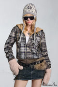 Woman wearing Plaid Sherpa Fleece Pullover Hoodie from Hicosy