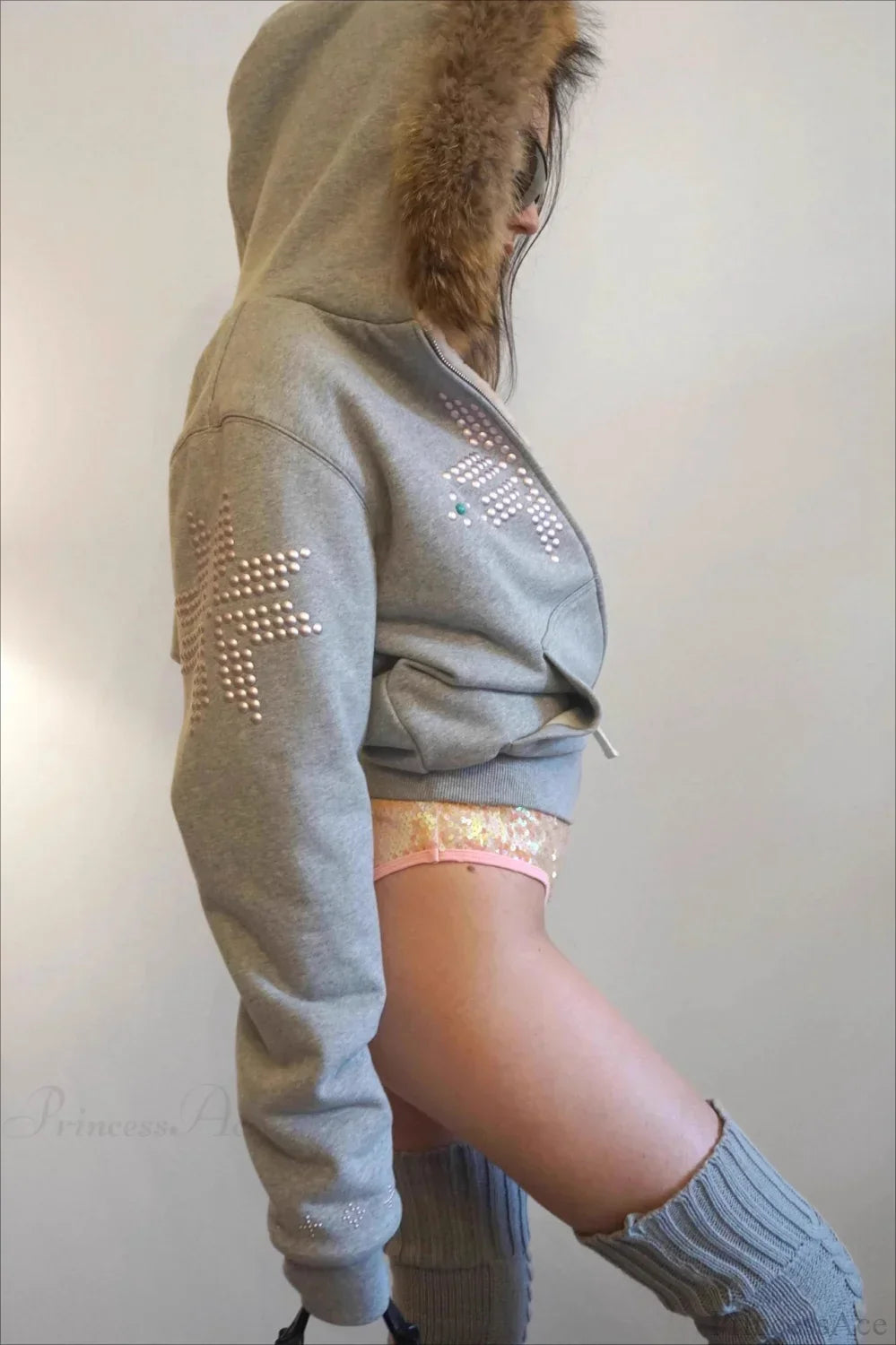 Woman wearing Sherpa-Collar Rhinestone Zip Hoodie from Hicosy — view 3