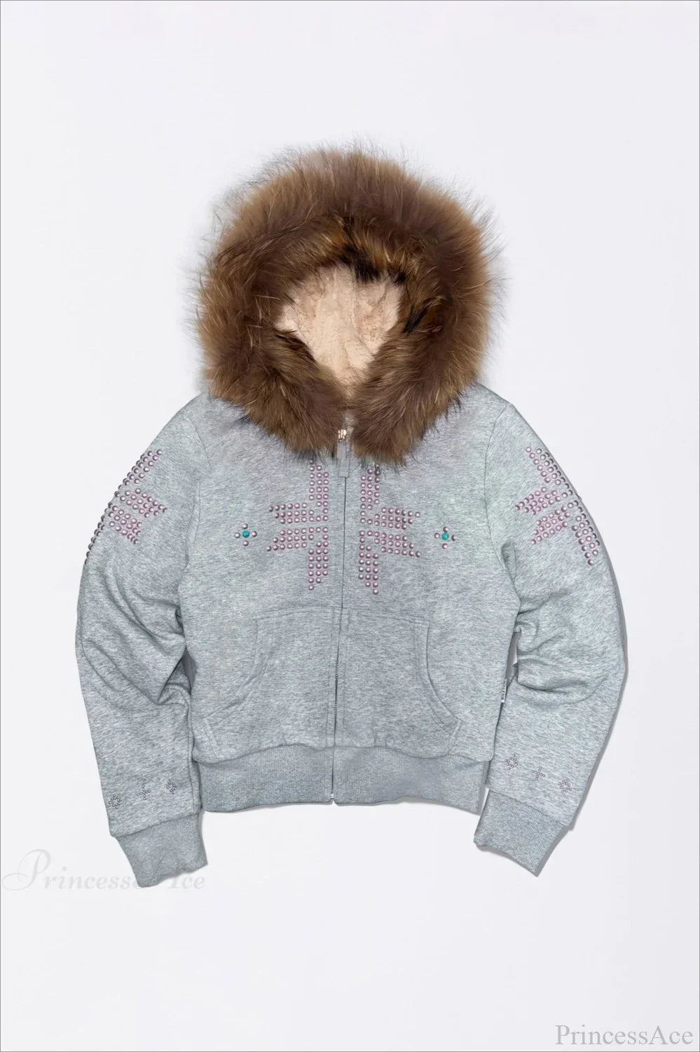Woman wearing Sherpa-Collar Rhinestone Zip Hoodie from Hicosy — view 5