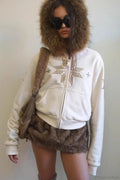 Woman wearing Sherpa-Collar Rhinestone Zip Hoodie from Hicosy