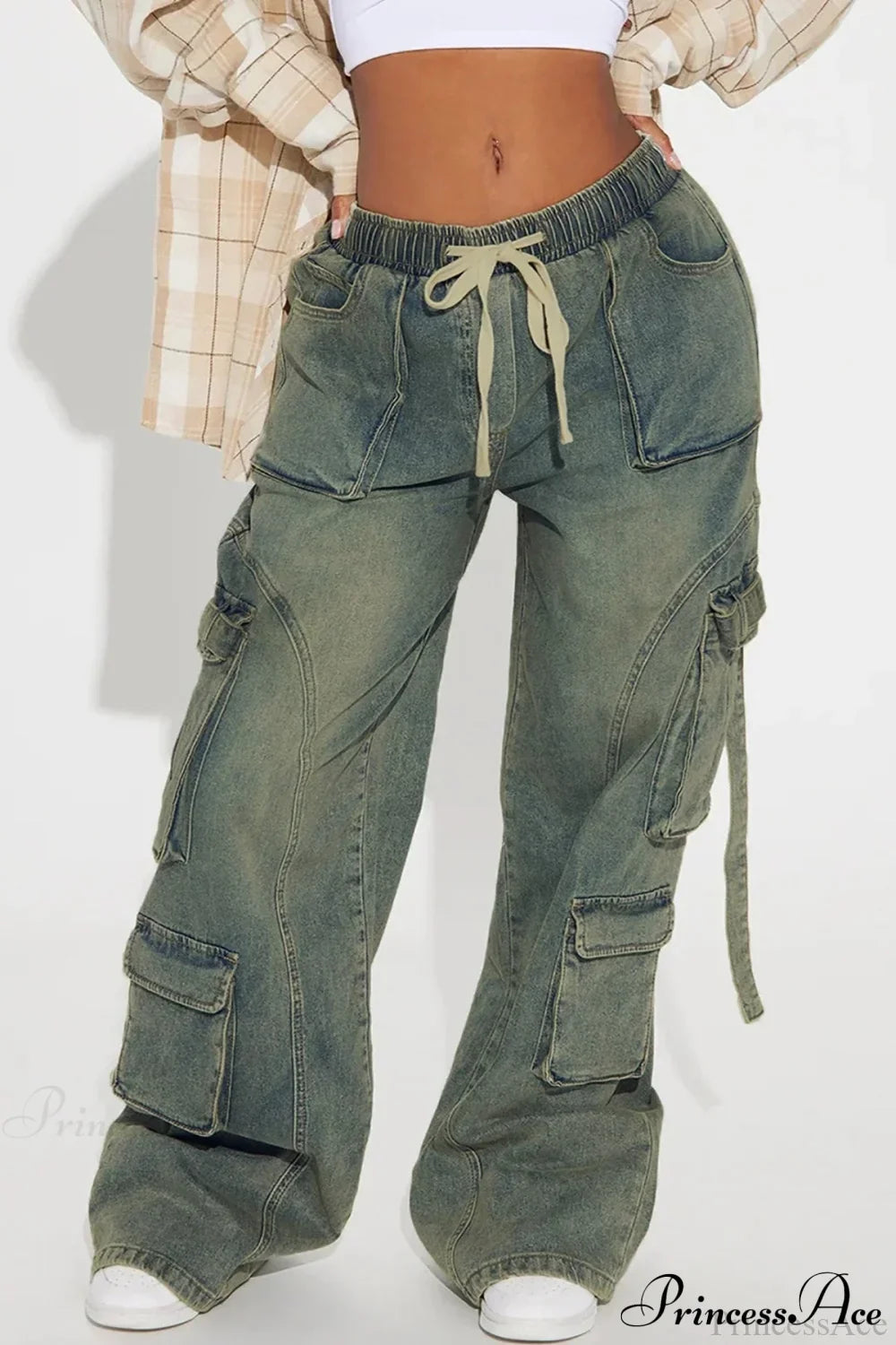 Woman wearing Y2K Hip-Hop Denim Cargo Pants from Hicosy — view 4