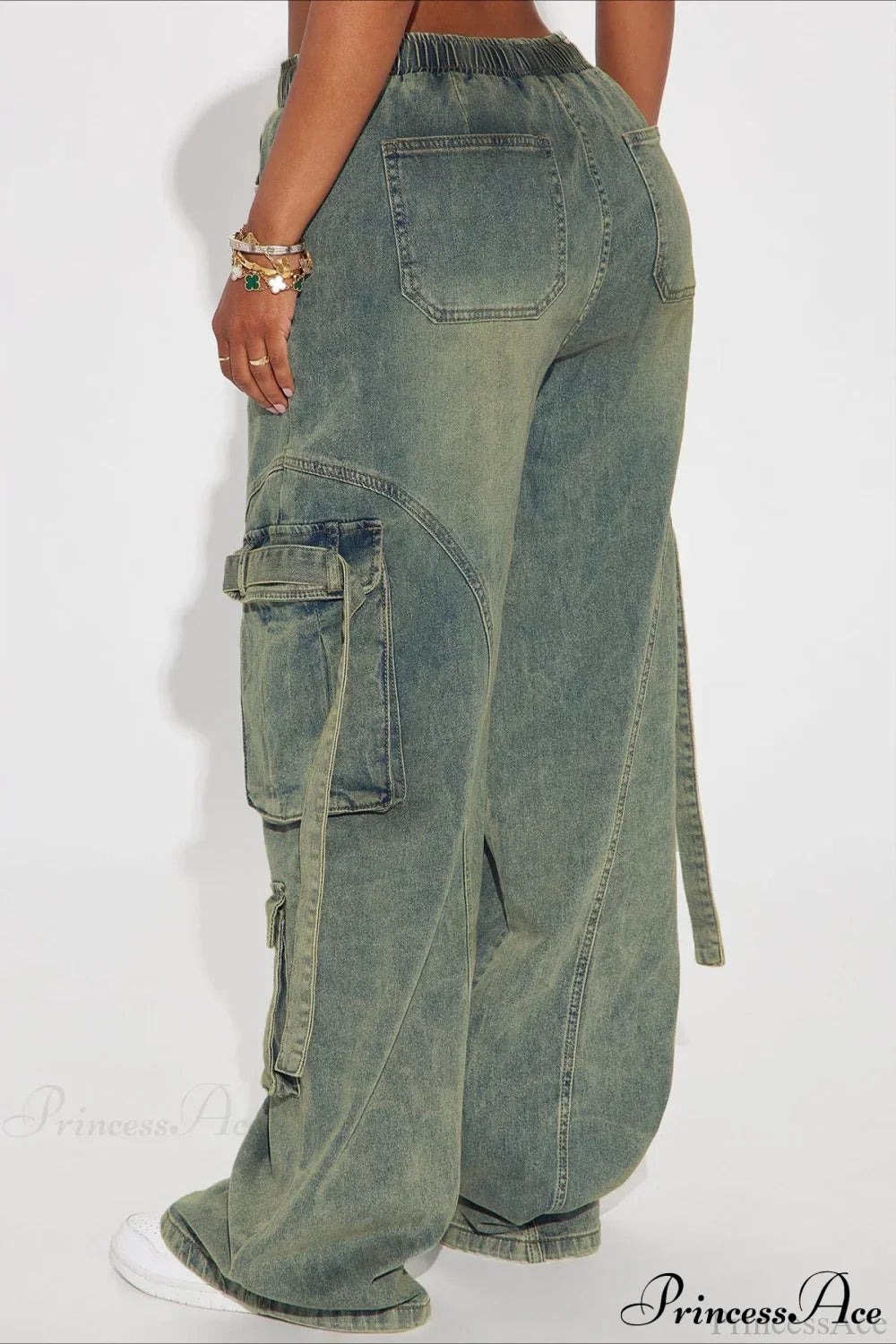 Woman wearing Y2K Hip-Hop Denim Cargo Pants from Hicosy — view 2
