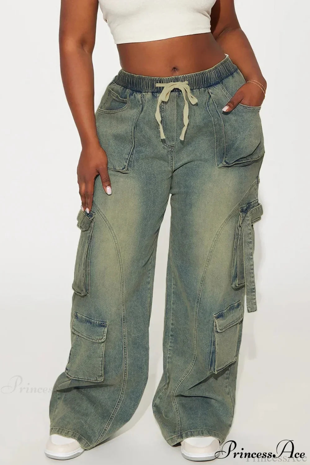 Woman wearing Y2K Hip-Hop Denim Cargo Pants from Hicosy — view 3
