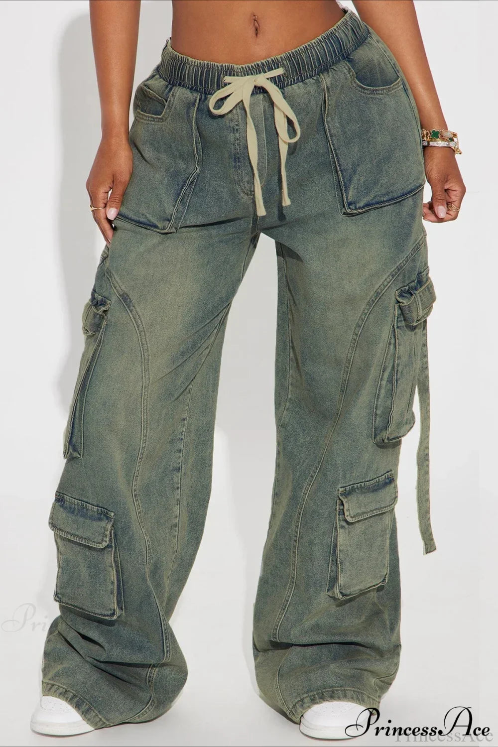 Woman wearing Y2K Hip-Hop Denim Cargo Pants from Hicosy