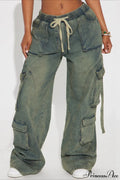 Woman wearing Y2K Hip-Hop Denim Cargo Pants from Hicosy