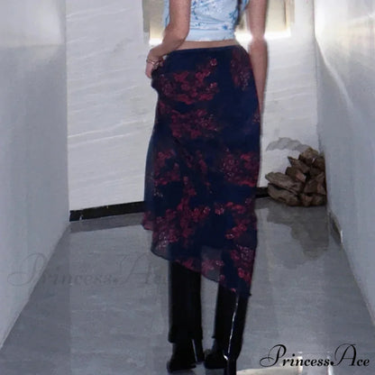 Y2K Vintage Flowered Printed High Waist Flounced Women's Long Skirt