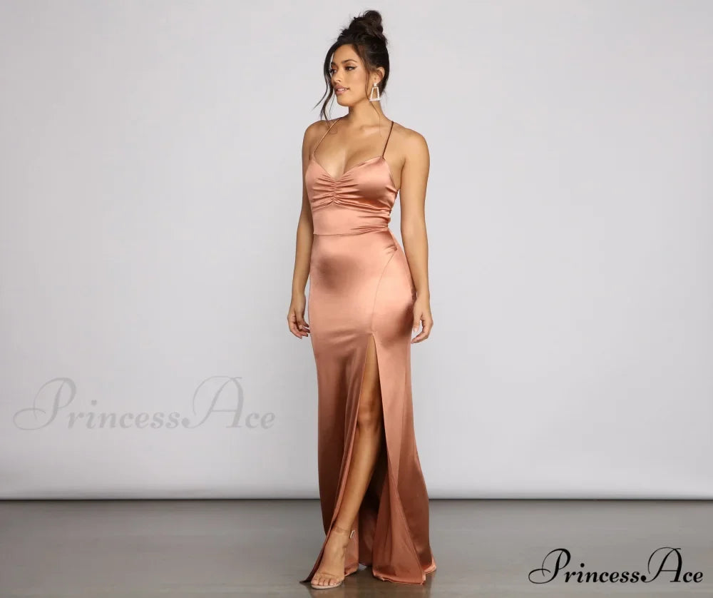 Woman wearing Rose-Gold Lace-Up Mermaid Prom Dress from Hicosy — view 4