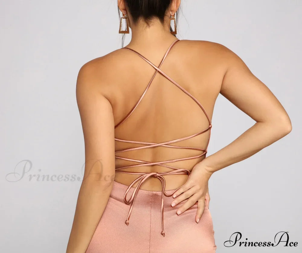 Woman wearing Rose-Gold Lace-Up Mermaid Prom Dress from Hicosy — view 5