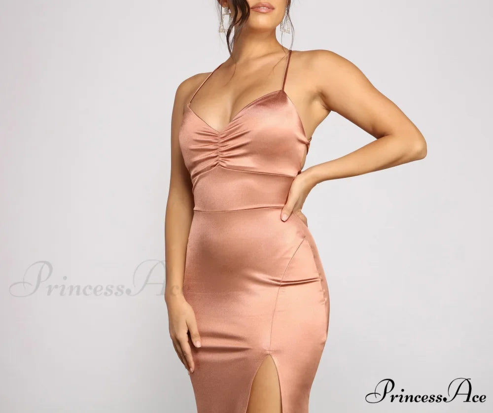 Woman wearing Rose-Gold Lace-Up Mermaid Prom Dress from Hicosy — view 3