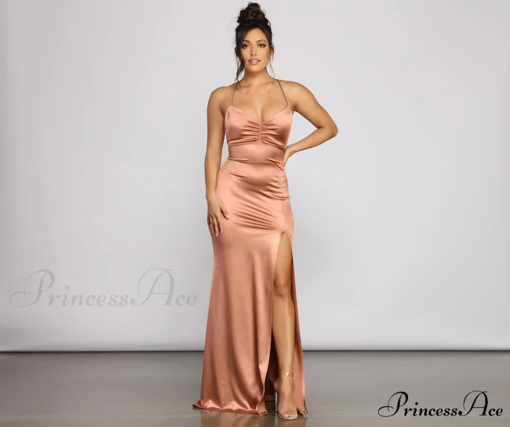 Woman wearing Rose-Gold Lace-Up Mermaid Prom Dress from Hicosy — view 2