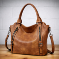 Dual Zip Pocket Buckle Strap Convertible Faux Leather Tote Bag