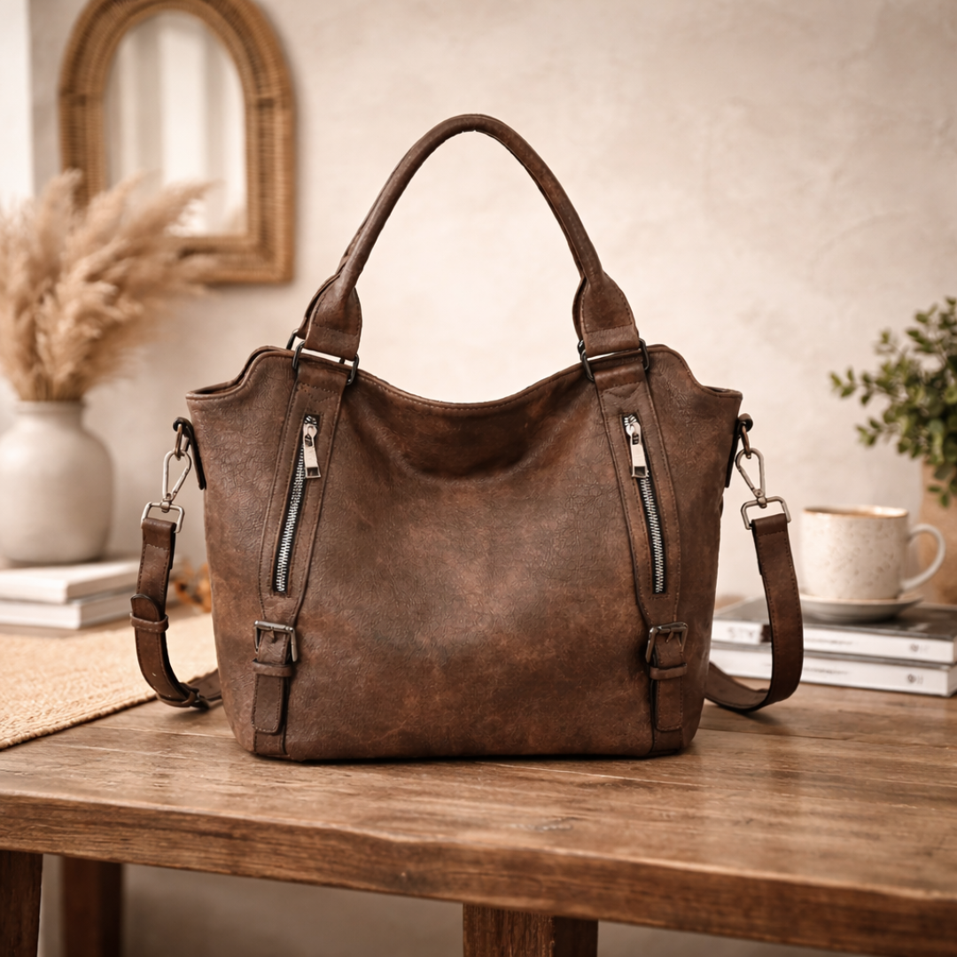 Dual Zip Pocket Buckle Strap Convertible Faux Leather Tote Bag