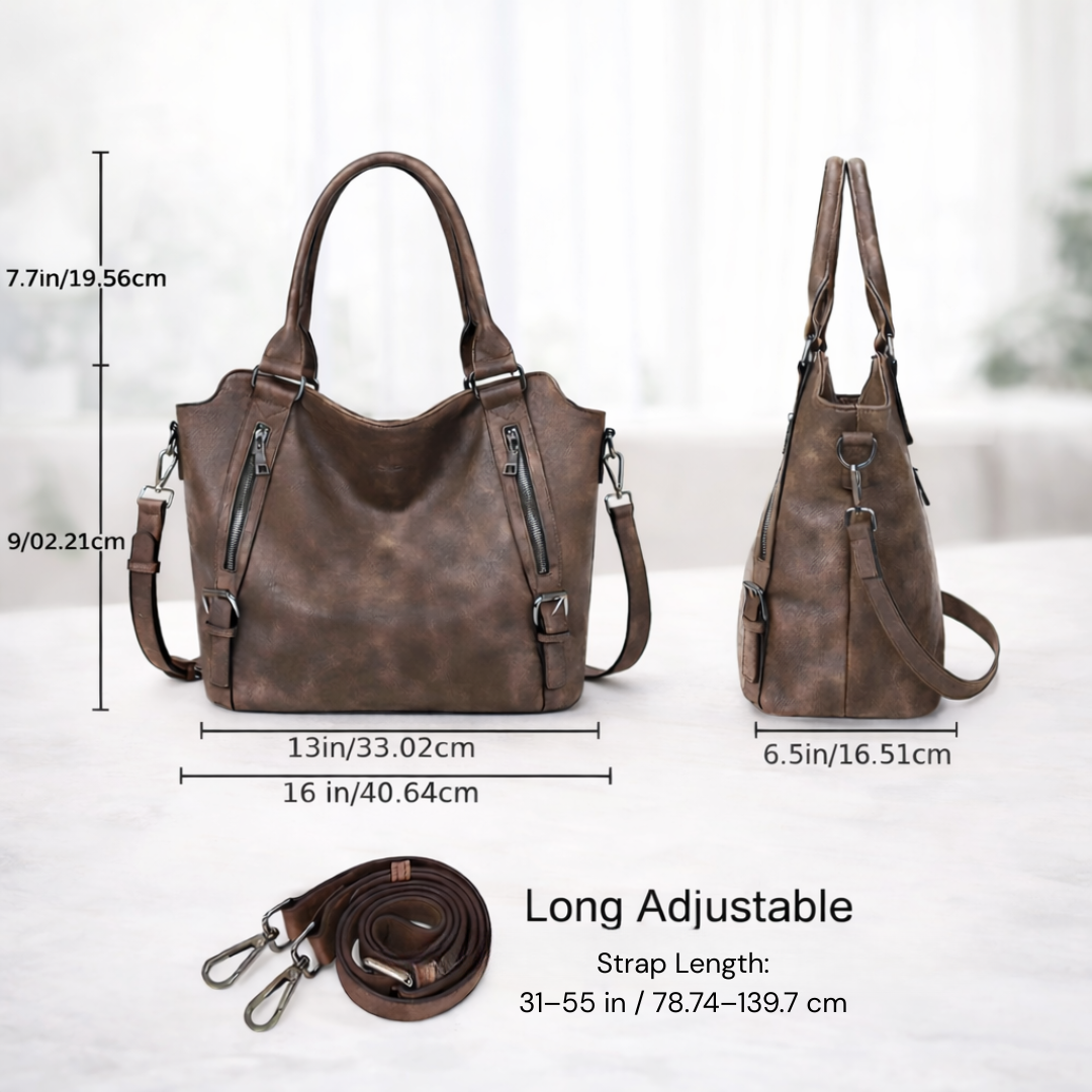 Dual Zip Pocket Buckle Strap Convertible Faux Leather Tote Bag