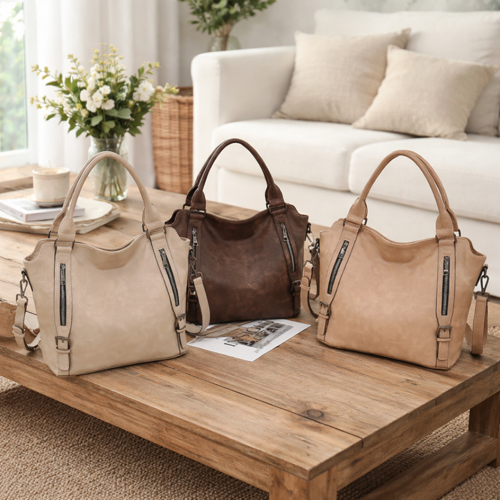 Dual Zip Pocket Buckle Strap Convertible Faux Leather Tote Bag