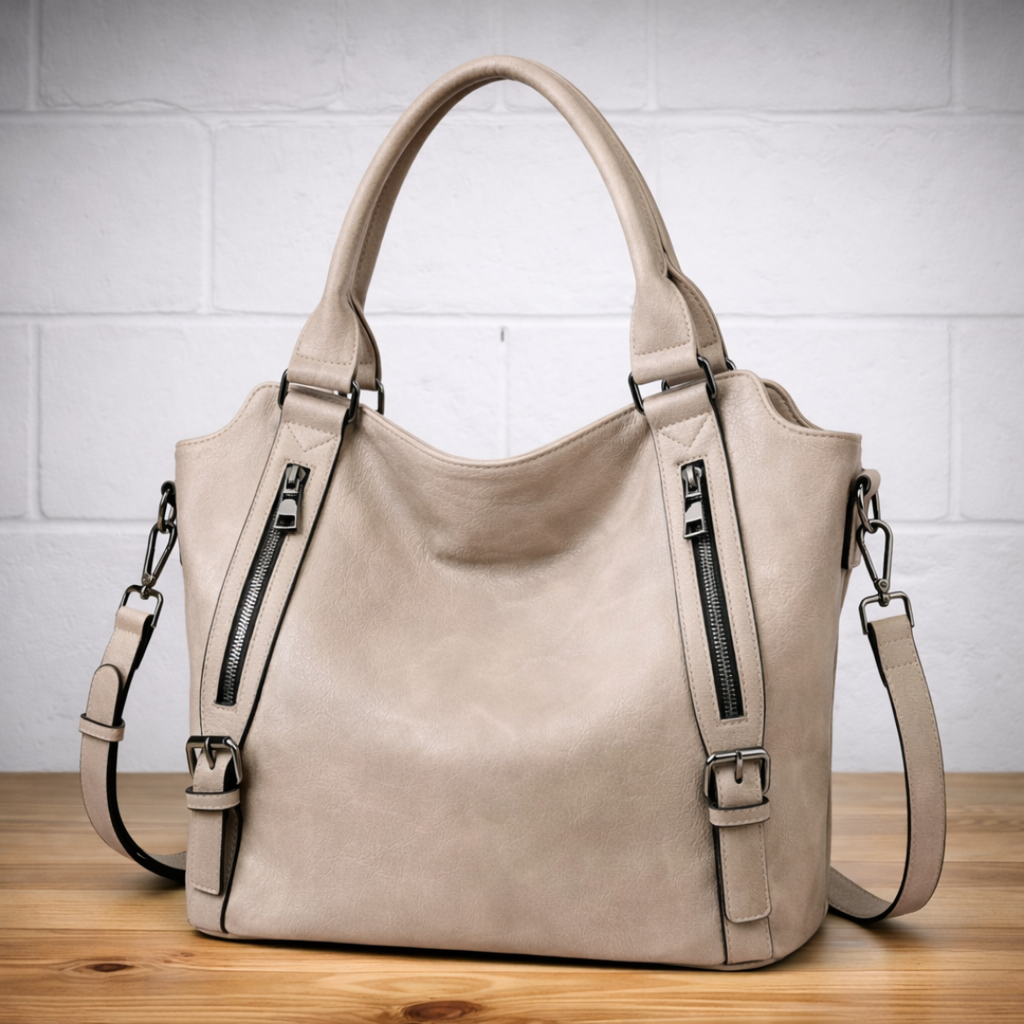 Dual Zip Pocket Buckle Strap Convertible Faux Leather Tote Bag