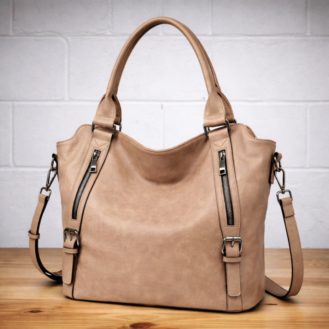 Dual Zip Pocket Buckle Strap Convertible Faux Leather Tote Bag