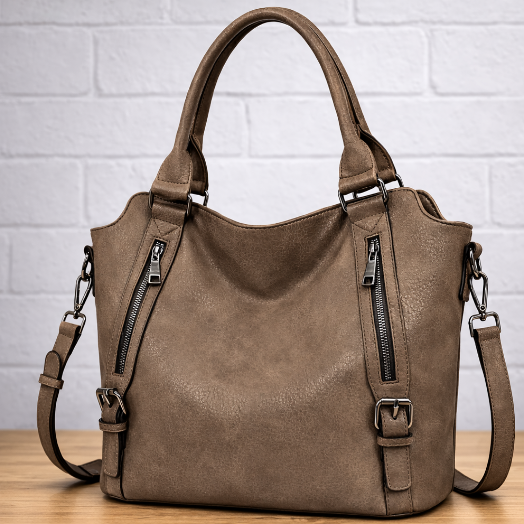 Dual Zip Pocket Buckle Strap Convertible Faux Leather Tote Bag