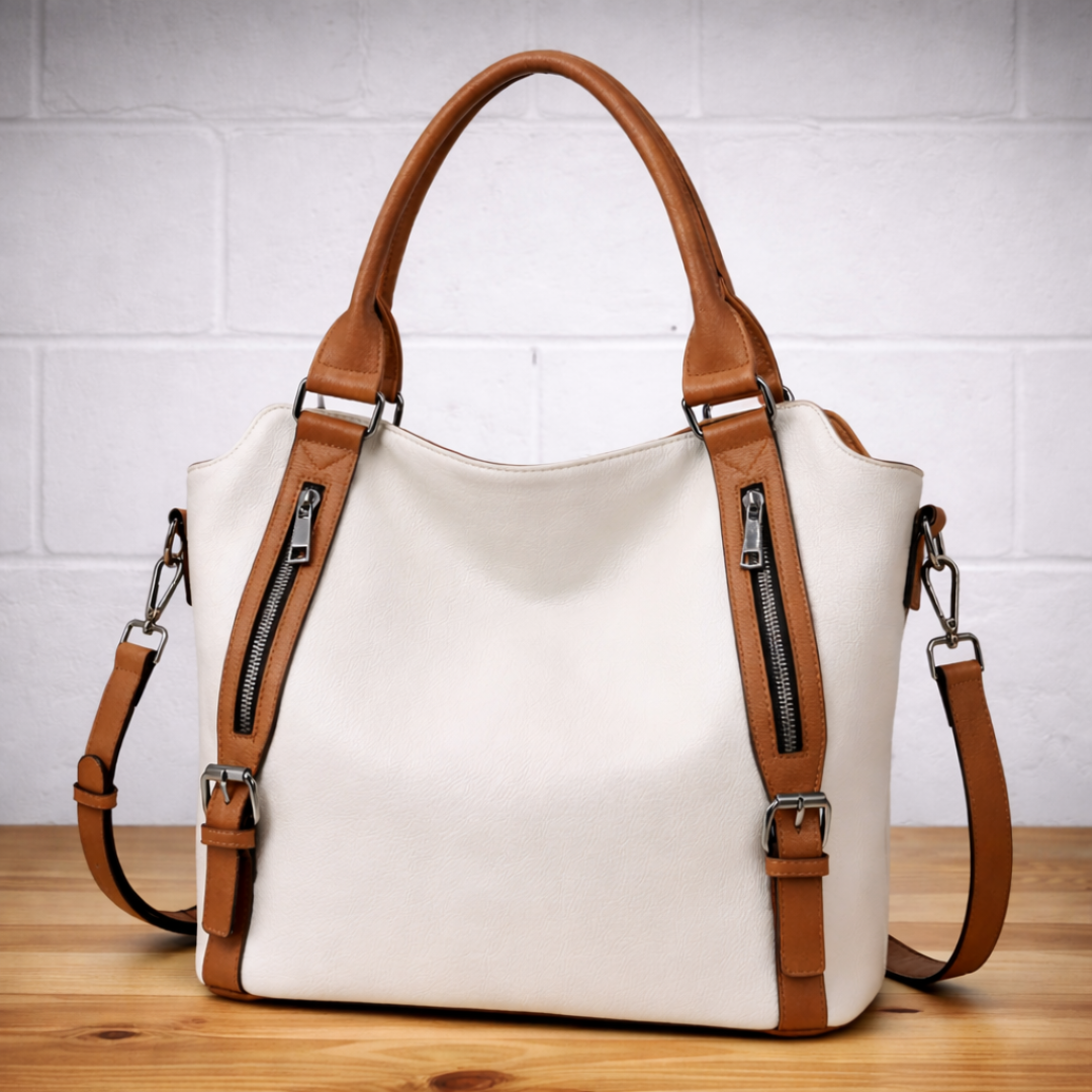 Dual Zip Pocket Buckle Strap Convertible Faux Leather Tote Bag