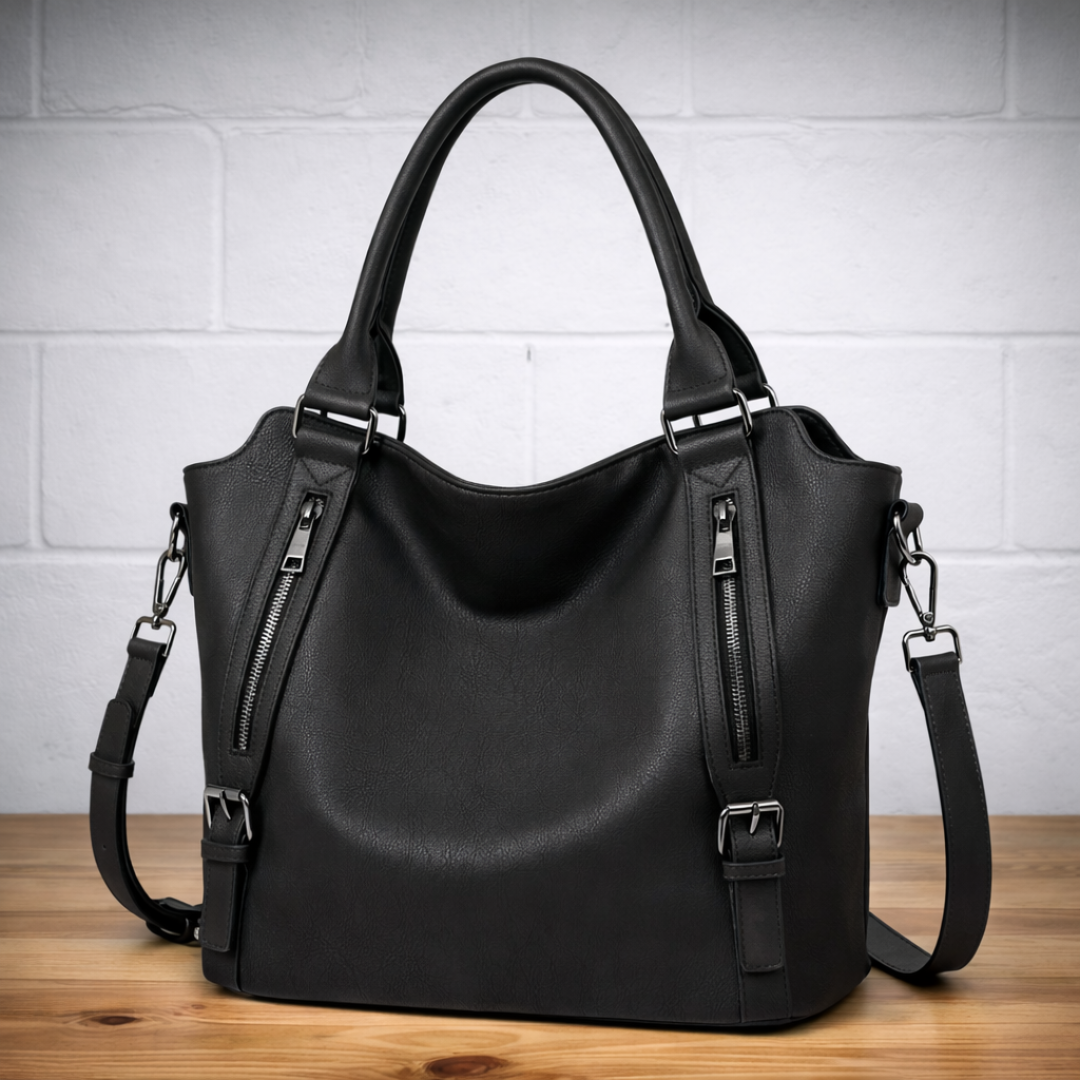 Dual Zip Pocket Buckle Strap Convertible Faux Leather Tote Bag