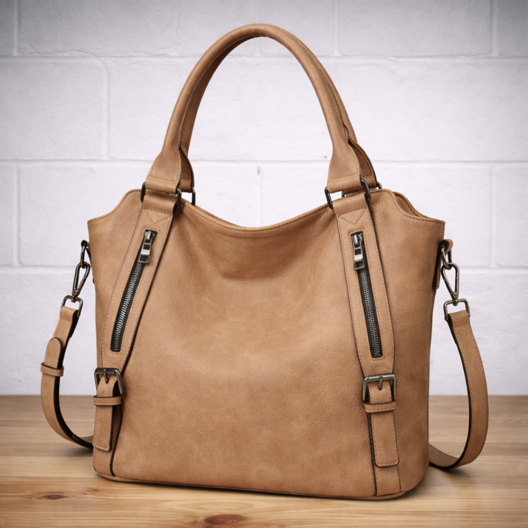 Dual Zip Pocket Buckle Strap Convertible Faux Leather Tote Bag
