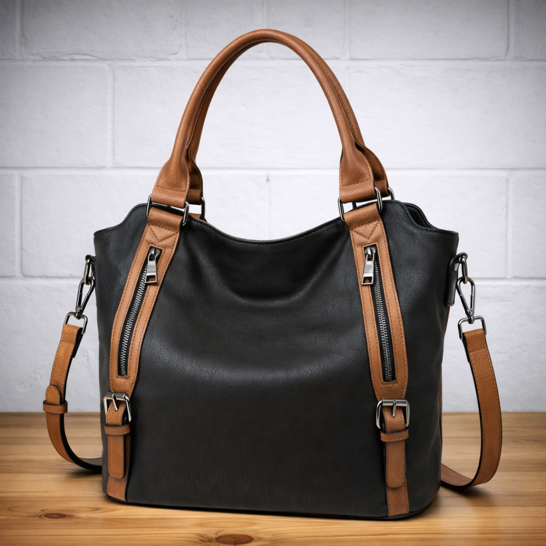 Dual Zip Pocket Buckle Strap Convertible Faux Leather Tote Bag