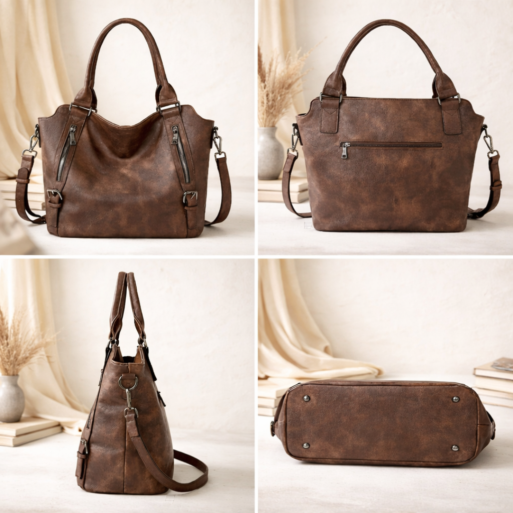 Dual Zip Pocket Buckle Strap Convertible Faux Leather Tote Bag