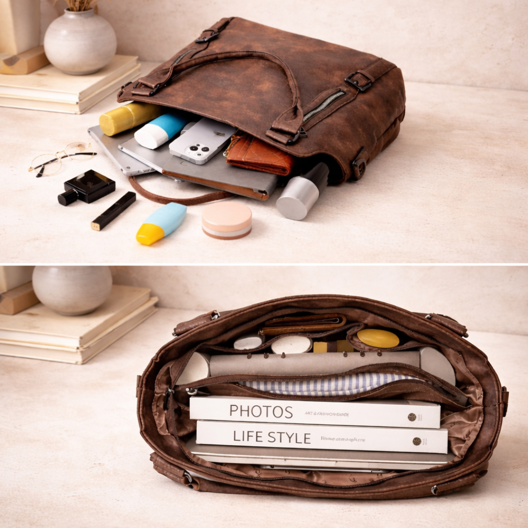 Dual Zip Pocket Buckle Strap Convertible Faux Leather Tote Bag