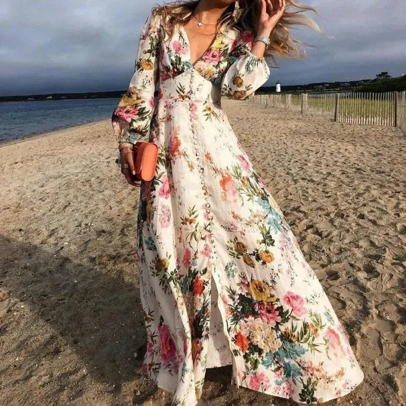 Floral Print Deep V Neck Button Front Puff Sleeve Maxi Dress