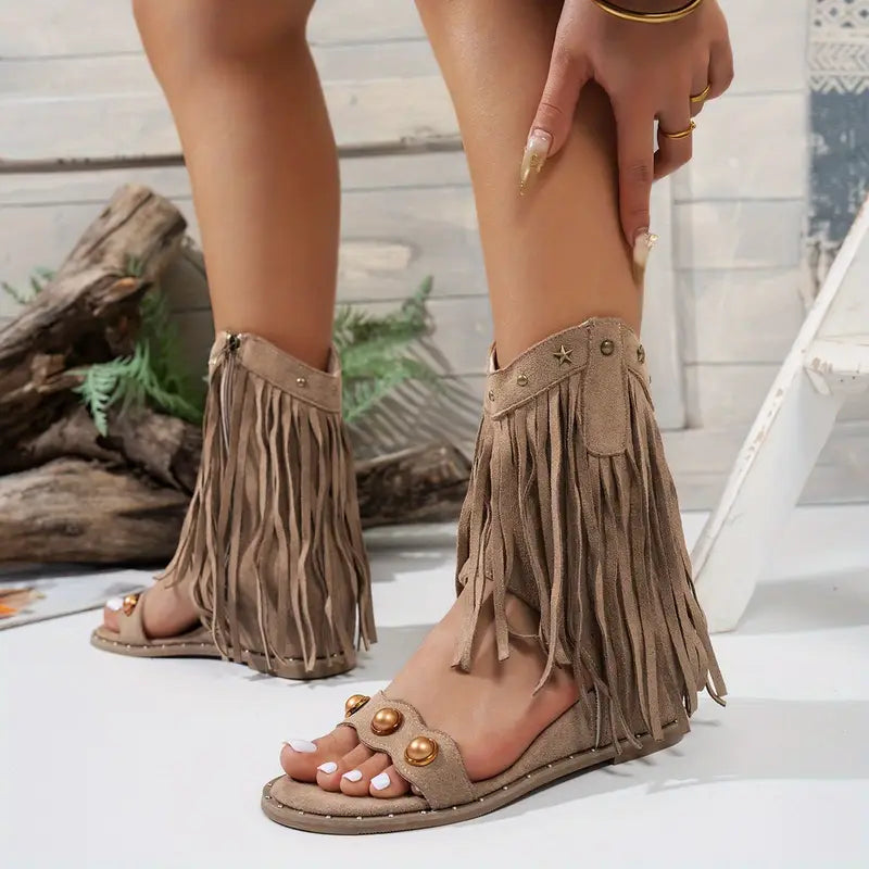 Boho Fringe Ankle Wrap Studded Flat Sandal