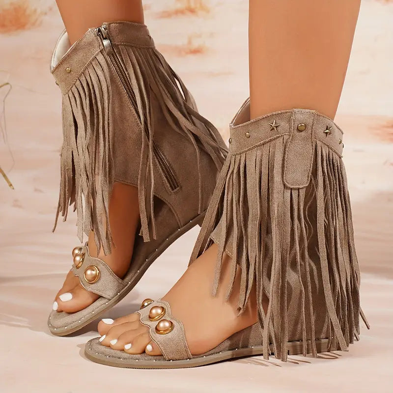 Boho Fringe Ankle Wrap Studded Flat Sandal