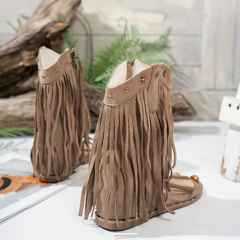 Boho Fringe Ankle Wrap Studded Flat Sandal