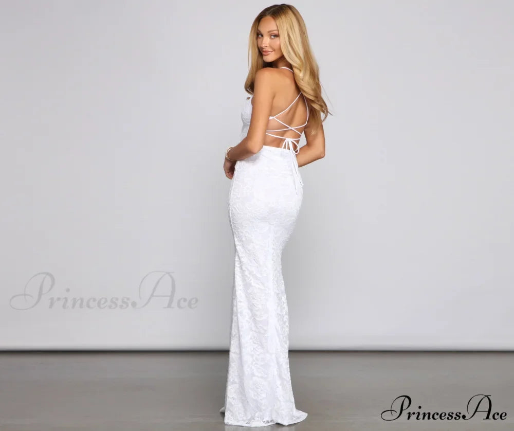 Woman wearing White Sleeveless Lace Mermaid Prom Dress from Hicosy — view 2