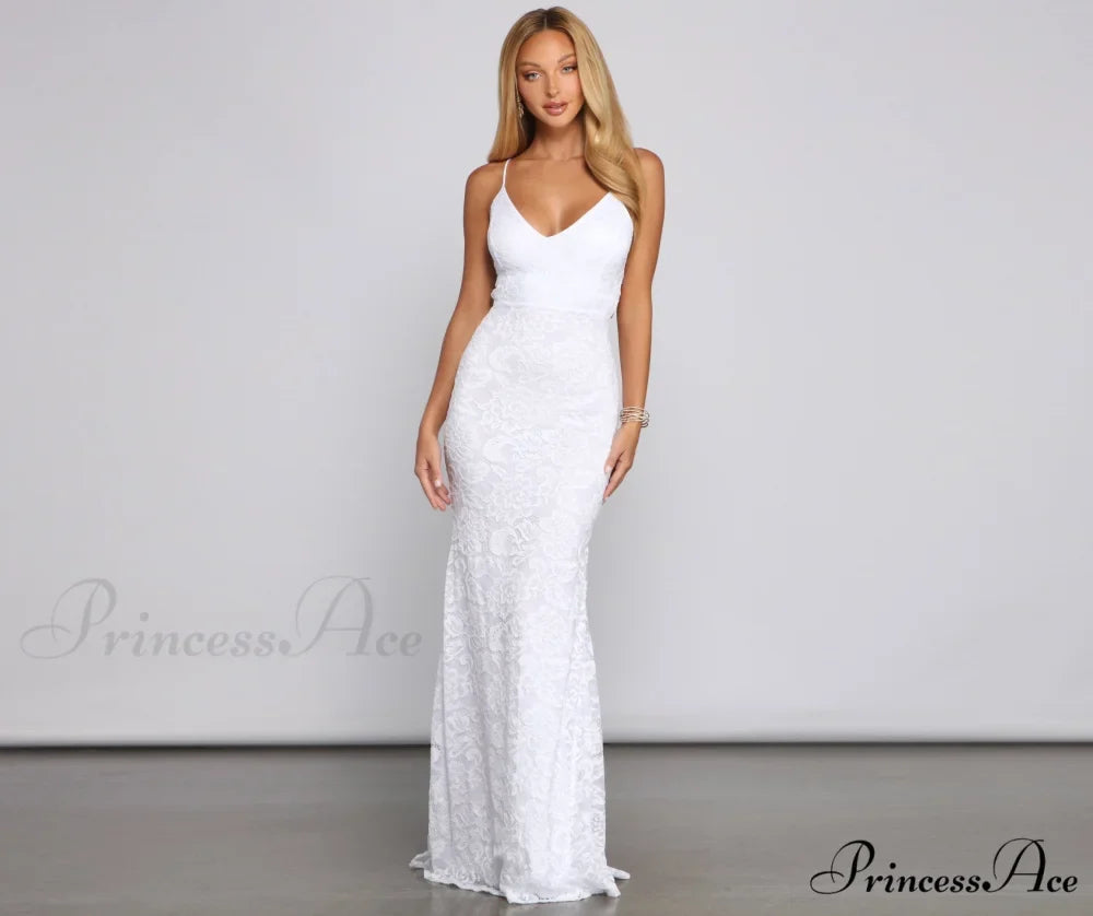 Woman wearing White Sleeveless Lace Mermaid Prom Dress from Hicosy — view 3
