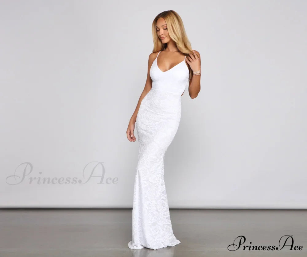 Woman wearing White Sleeveless Lace Mermaid Prom Dress from Hicosy
